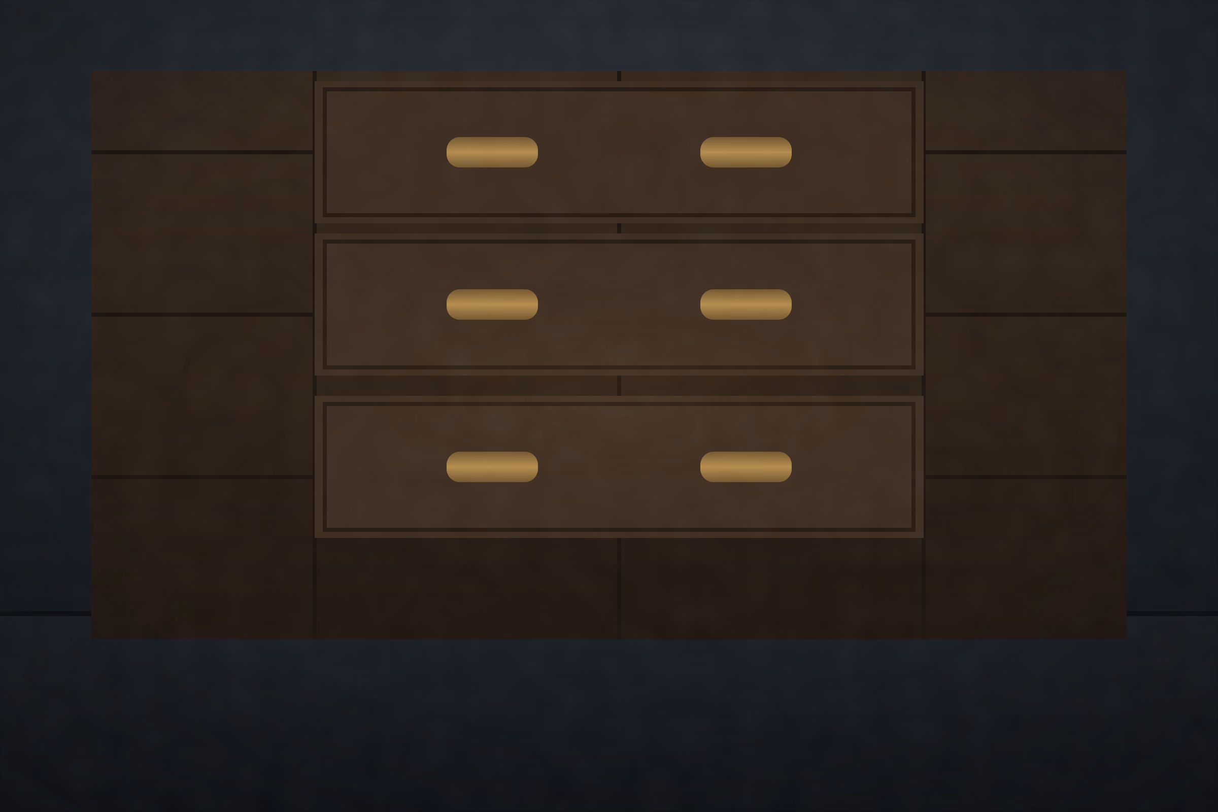 A closed flat chart drawer with brass handles worn bright, set into a cabinet against a dark wall.