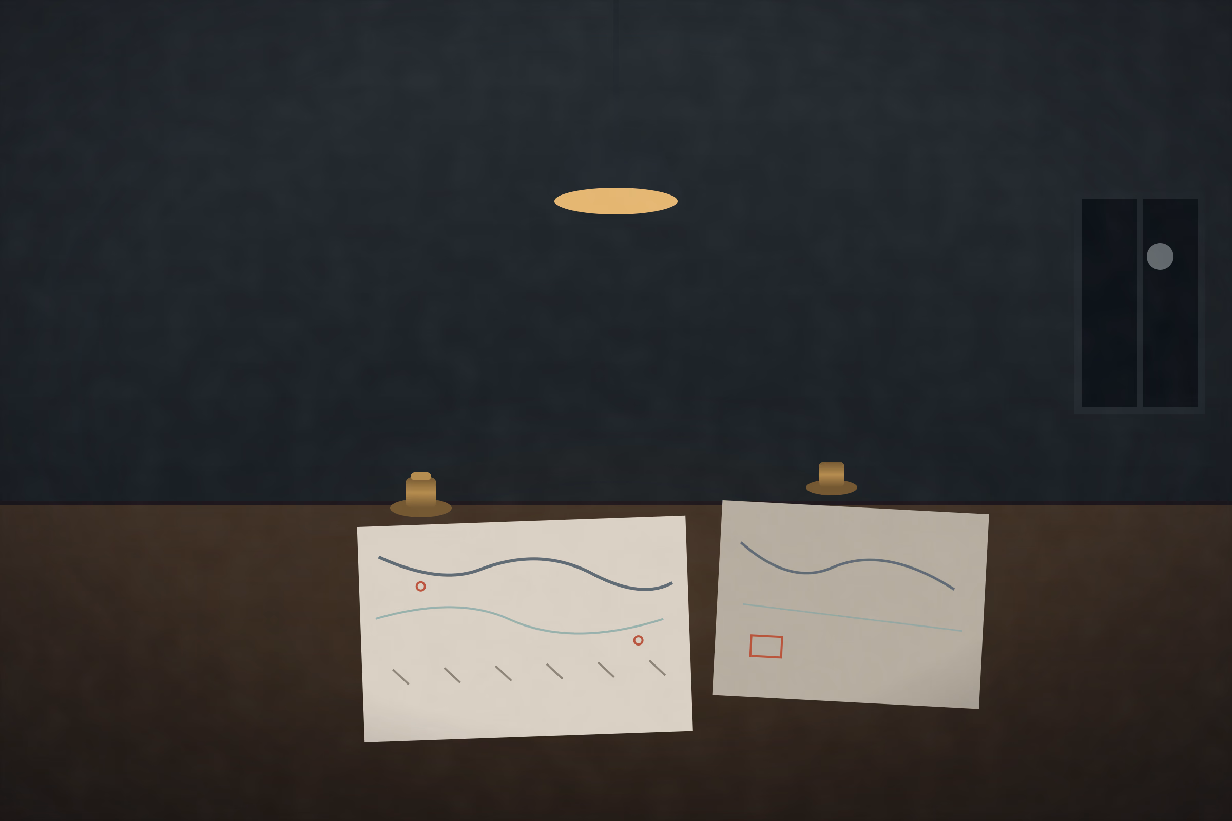 A chart table with nautical charts under brass weights, depth soundings along shipping lanes, red margin warnings, a lamp overhead.