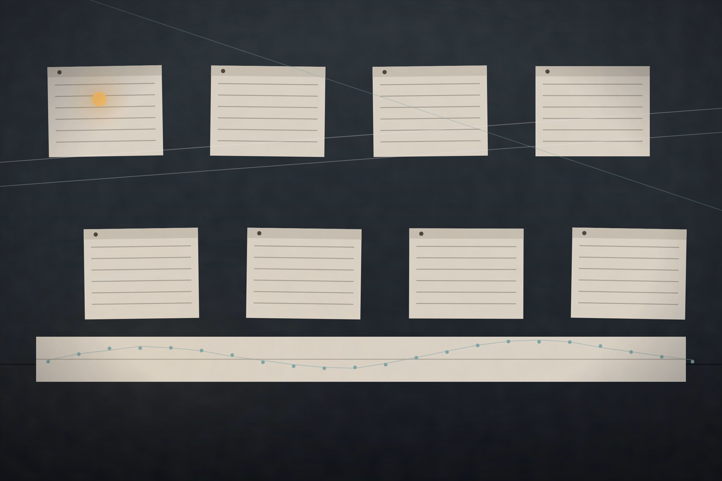 A chart room wall with ruled sight lines, pinned tide tables and a long paper strip of plotted position marks converging into a line.
