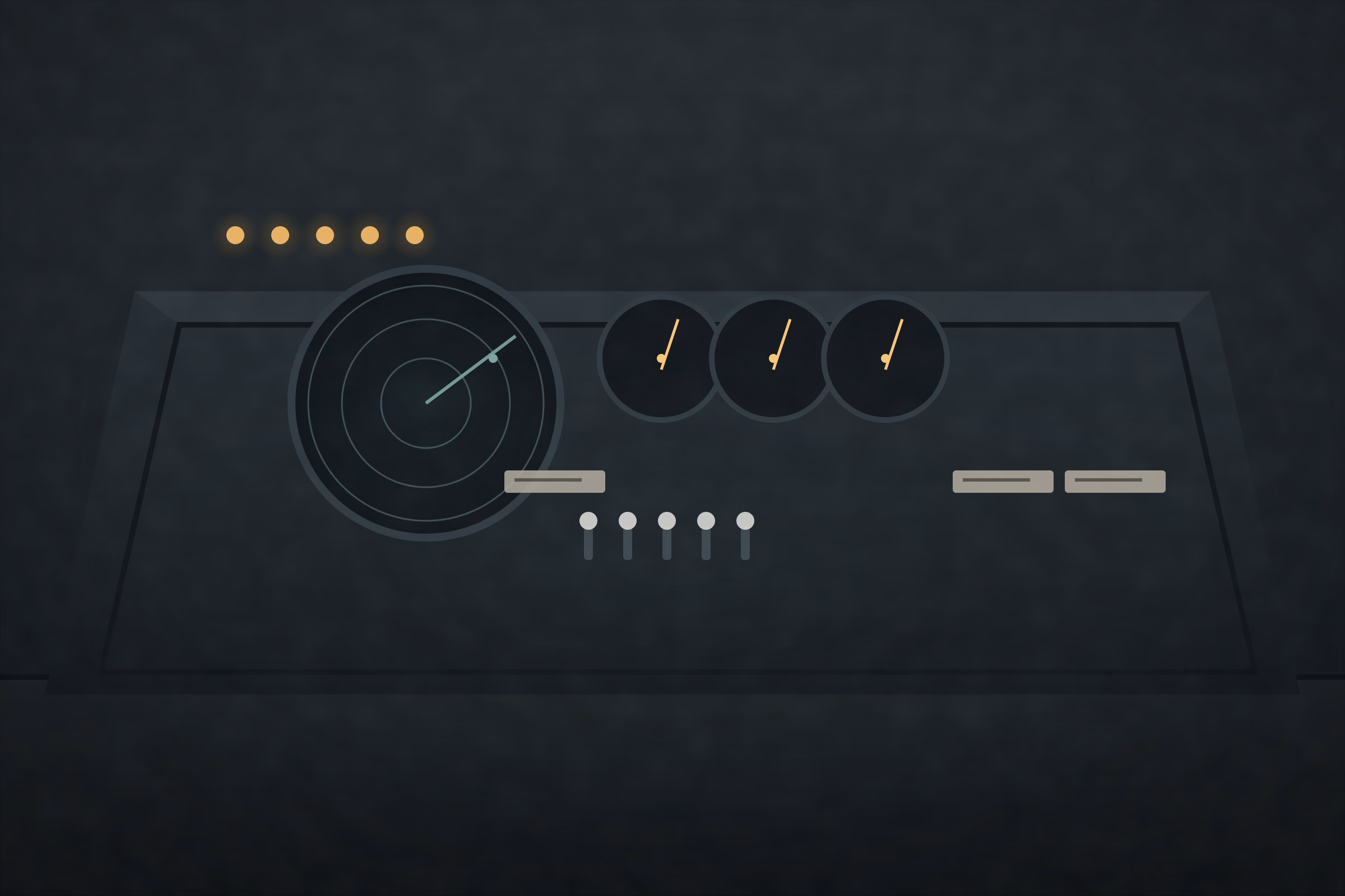 A ship's bridge console with navigation instruments arranged across labelled panels, each station lit, wiring hidden.