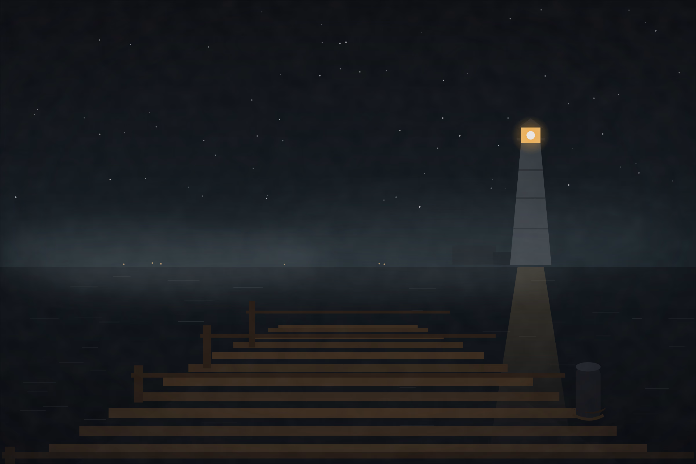 A timber jetty at dusk reaching into still dark water, fog along the horizon, a lit lighthouse and outbuildings silhouetted in the distance.