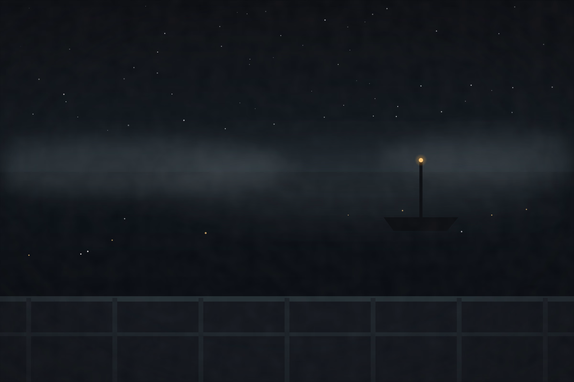 View from a lighthouse gallery walkway over a black sea at night, fog banks drifting, small vessel lights scattered on the water.