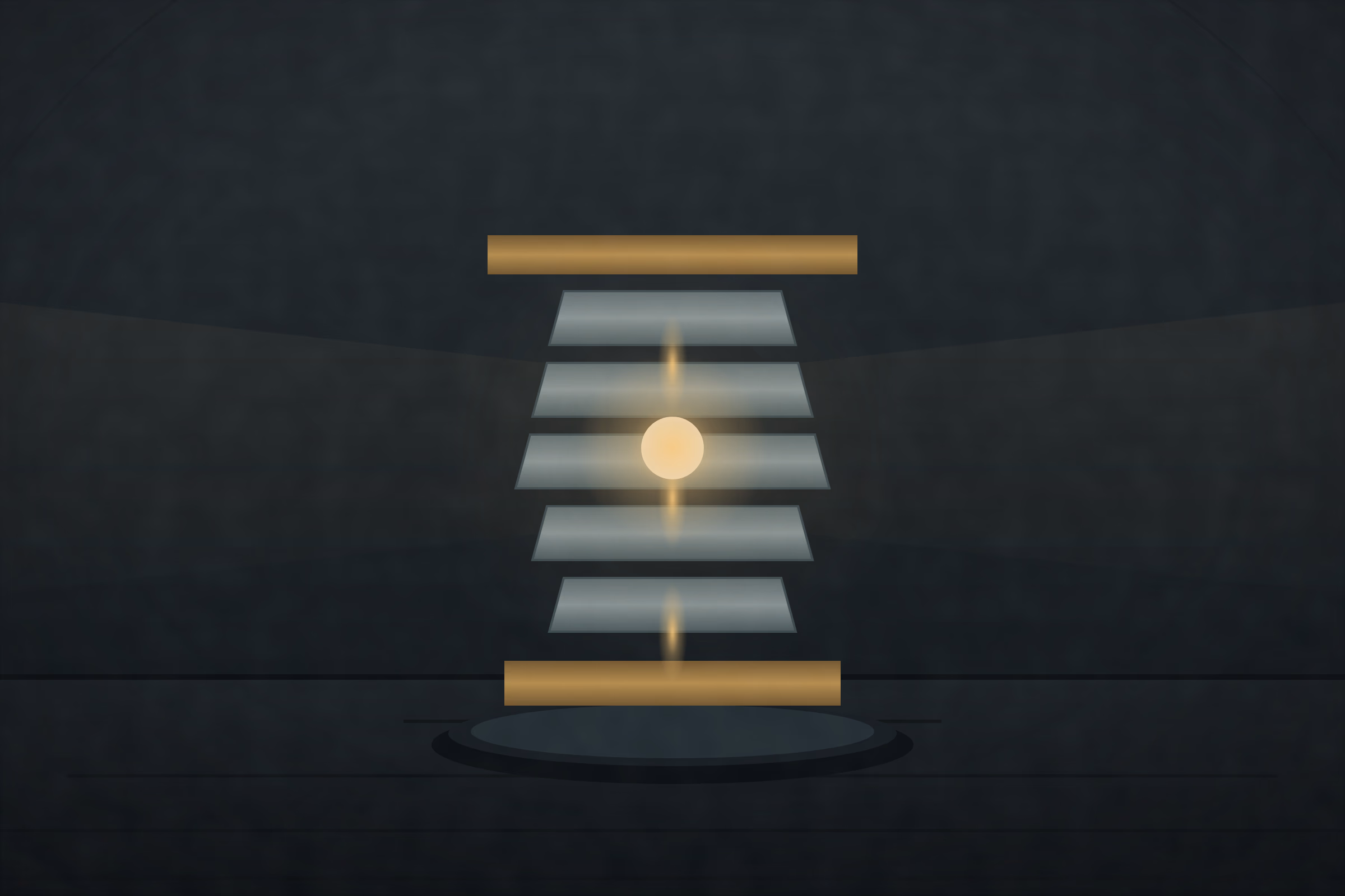 A large Fresnel lighthouse lens in a brass frame, glass prisms catching lamplight, at the top of a dark tower.
